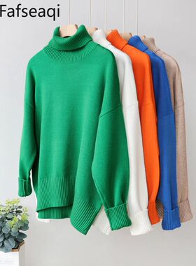 Green Women's Oversize Turtleneck Sweater Black Pullovers Kn