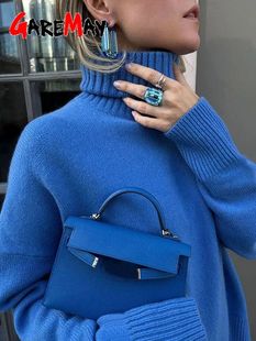 Women's Oversize Sweater Turtleneck Green Vintage Pullover J