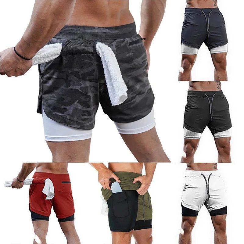 Men Sports Shorts 2 In 1 Double- Deck Training Gym Shorts w