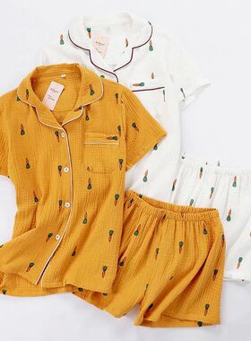 Women Pajamas Set Summer Comfort Gauze Cotton Turn-down Coll