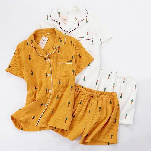 Women Pajamas Set Summer Comfort Gauze Cotton Turn-down Coll