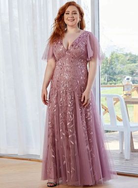 Plus Size Evening Dresses Romantic Shimmery Deep V-Neck Ruff