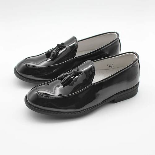 New Boys Dress Shoes Black Faux Leather Slip On Tassel Loafe