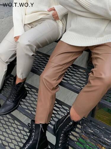 WOTWOY High Waist Spliced Loose Leather Pants Women Autumn S