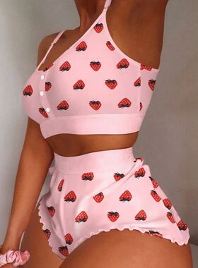 Women's 2 Pieces Kawaii Strawberry Print Frill Hem Cami Paja