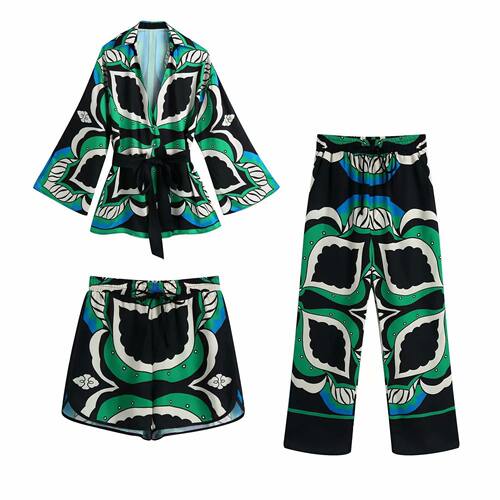Women's Print Pajamas Set Summer Spring 3 Pieces Ladies Loos