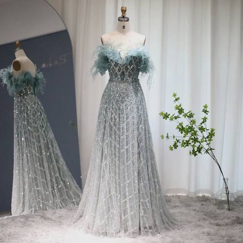 Sharon Said Luxury Feathers Green Dubai Evening Dresses Eleg