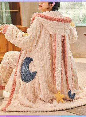 Thicker Women's Pajamas Warm Sweet Hooded Nightgown Winter F