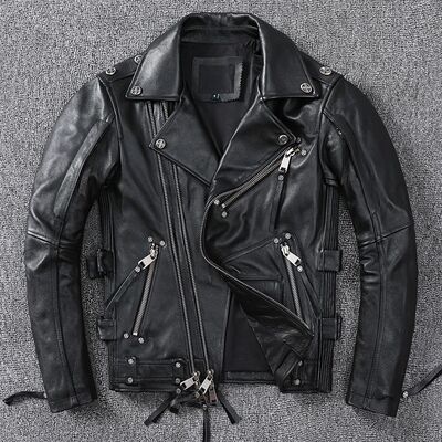Black Motorcycle Leather Jacket Men Natural Genuine Cowhide