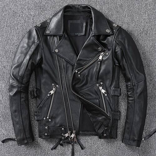 Black Motorcycle Leather Jacket Men Natural Genuine Cowhide