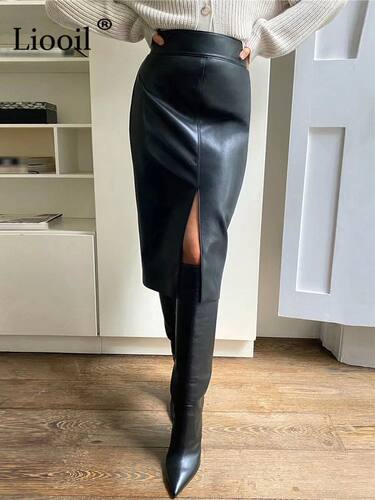 Liooil Women Faux Leather Slit Pencil Office Skirt Autumn Ne