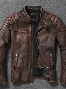 Vintage Yellow Brown Real Cowhide Genuine Leather Jacket Men