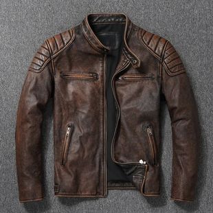 Vintage Yellow Brown Real Cowhide Genuine Leather Jacket Men