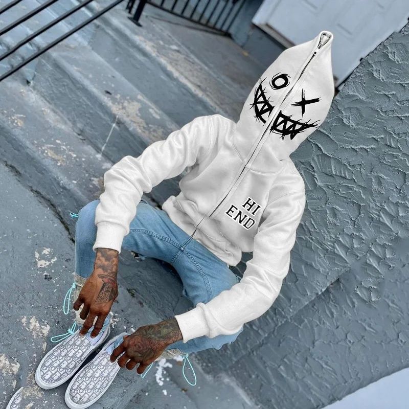 Y2k Clothes Grunge Zip Hoodie Full zip White hip hop Graphic