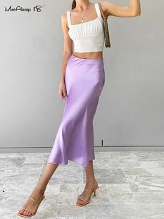 Mnealways18 Solid Purple Satin Silk Skirt Women High Waisted