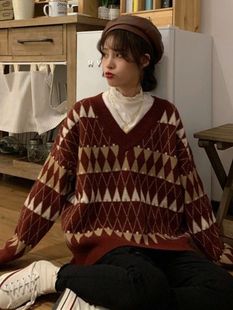 match Vintage Neck Chic All Korean Argyle Women Sweaters