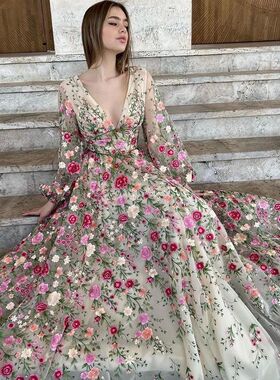 Sevintage Elegant Floral Tulle Prom Dresses Long Sleeves V-N
