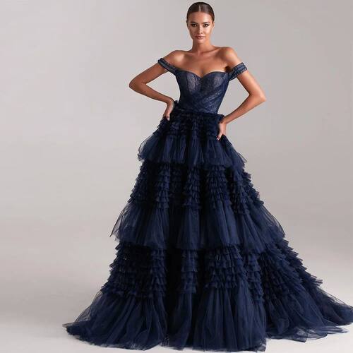 Sevintage Gorgeous Ruffled Tulle Prom Dresses Long A Line Of