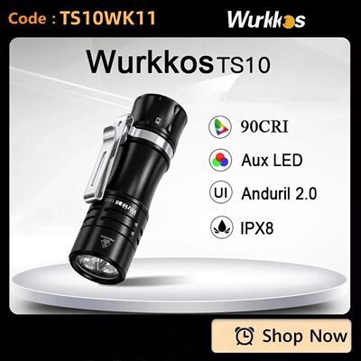 Wurkkos TS10  Powerful Flashlight 90 CRI 3* CSP +3* Aux LED