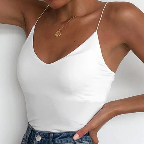 Spaghetti Strap Top V Neck Off Shoulder Sleeveless Solid Col