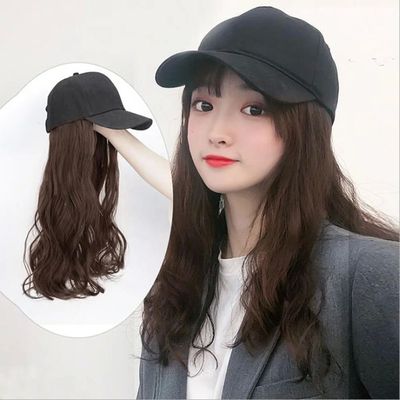 Long Synthetic Baseball Cap Wig Natural Black / Brown Straig