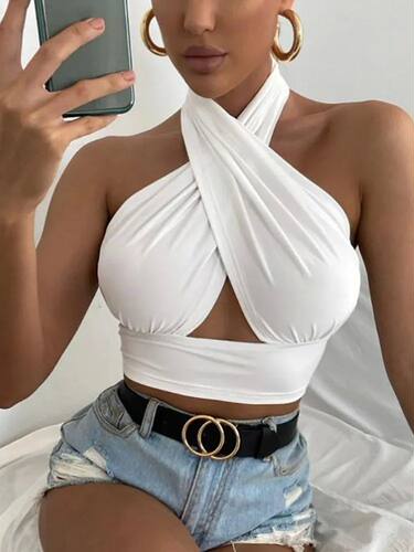 Women Summer Tank Tops Sexy Solid Color Cross Halter Neck Pu
