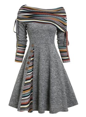 Convertible Cinched Striped Flare Dress Foldover Off The Sho