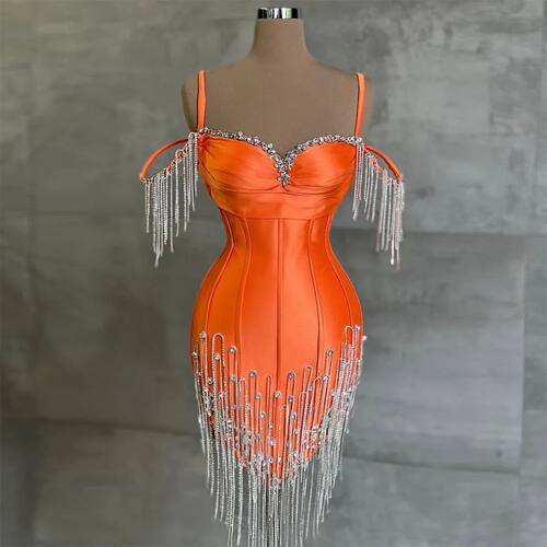 New Arrival Orange Short Prom Dresses Crystals Tassel Sweeth