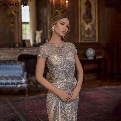 SERENE HILL Grey Luxury Full Beaded Sleeveless Sexy Evening