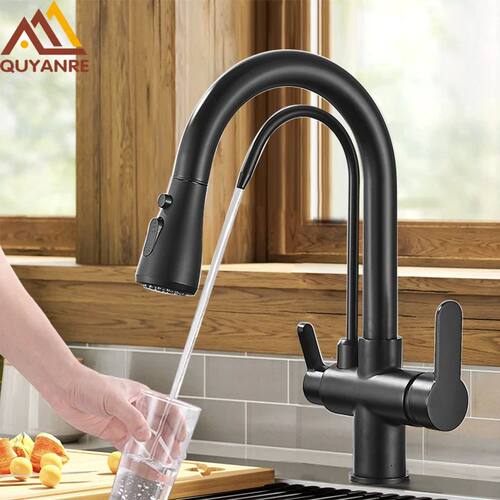 Quyanre Matte Black Filtered Crane For Kitchen Pull Out Spra