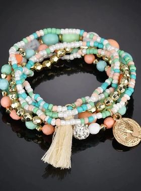 6Pcs/Set Bohemian Beaded Multi-layer Bracelet For Women Vint