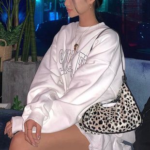 White Black O Neck Pocket Loose Hoodie Women Long Sleeve Ove