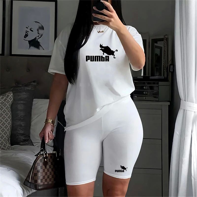 Women Two Piece Set Summer Short Sleeve O-Neck Tee Tops+Penc