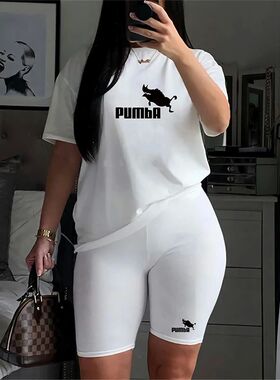 Women Two Piece Set Summer Short Sleeve O-Neck Tee Tops+Penc