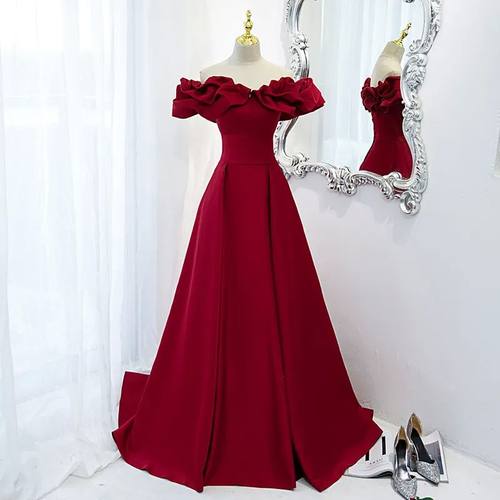 New Evening Dress Elegant Boat Neck Lace Up Floor-Length Off