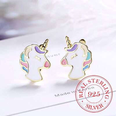 Real 925 Sterling Silver Earring Cute Unicorn Stud Earrings