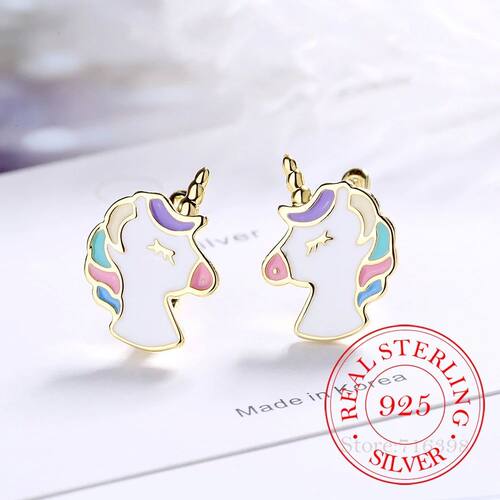 Real 925 Sterling Silver Earring Cute Unicorn Stud Earrings
