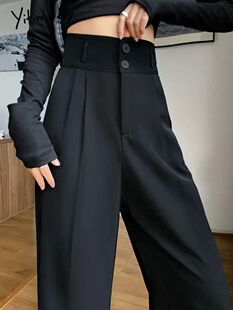 Yitimoky Black Suit Pants for Women Korean 2 Buttons Wide Le