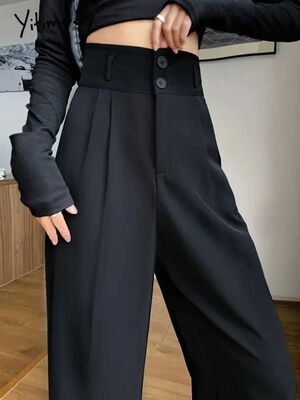 Yitimoky Black Suit Pants for Women Korean 2 Buttons Wide Le