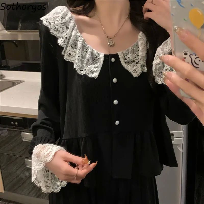 Sexy Gentle Ins Popular Pajama Sets Women Black Lace Patchwo