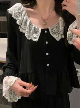 Sexy Gentle Ins Popular Pajama Sets Women Black Lace Patchwo