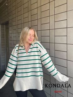 Green KONDALA Vintage Oversized Long Knitted 2023 Striped