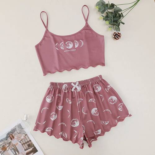 Spaghetti Strap Letter Print Pajama Set Sleeveless Trim Pyja