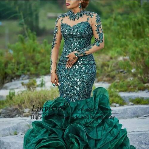 Abendkleider Hunter Green Evening Dress Organza Applique Lon