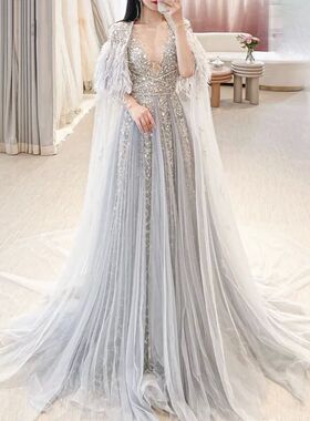 Sharon Said Luxury Dubai Silver Grey Evening Dresses with Fe