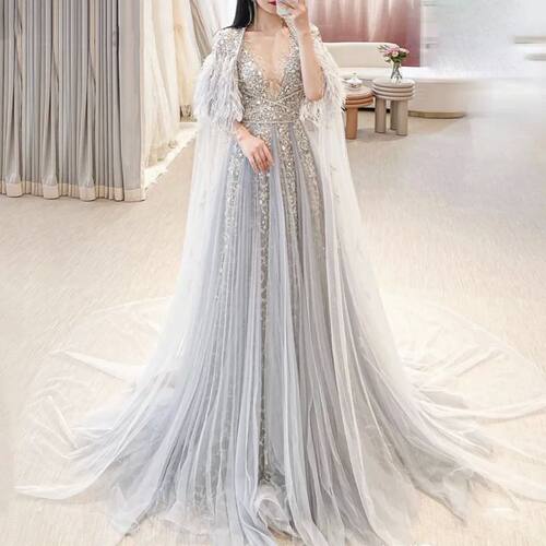 Sharon Said Luxury Dubai Silver Grey Evening Dresses with Fe
