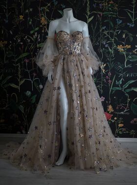 Booma Fairy Champagne Starry Tulle Prom Dresses Sweetheart P
