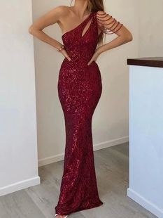 YIDINGZS Elegant One Shoulder Burgundy Sequin Dress Women Be