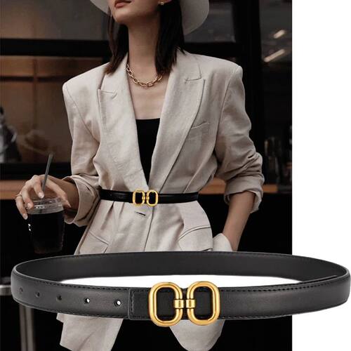 Women PU Leather Belt Solid Color Thin Skinny Waistband Meta