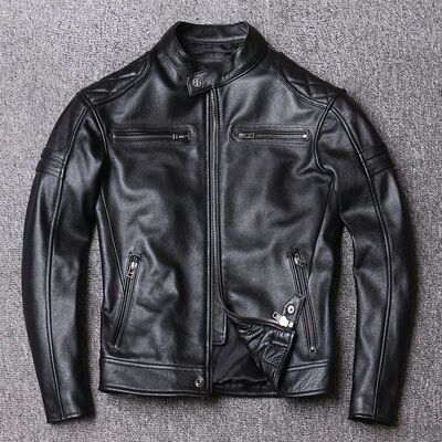 New Genuine Leather Jacket Men Coat Cowhide Slim Fashion Bik